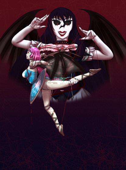 Cynthia ([She/Her] A chipper Mermaid Vampire hybrid girl with long pink hair and mismatched side bangs. Having a large chest covered by pointed blue seashell bra or a white shirt and blue sweatshirt. Sometimes sporting large black bat wings that allows her to fly. Her eyes being blood red with a half-pointed pupil, her skin being lighter than Caucasian.) in her ballerina attire but turned into a wooden maronette puppet. Blood running down from her fangs while tears come out of her "possibly" painted on their face. Her strings looking like their made of blood while a figure with deep red eyes and black hair is puppeting her from high above; with a devious smile on her face.