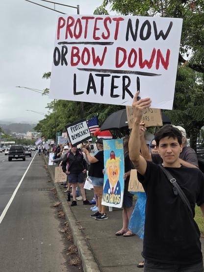 A line of protesters stretching down the sidewalk as far as you can see. A young woman in front olds a sign reading, "Protest Now or Bow Down Later!"