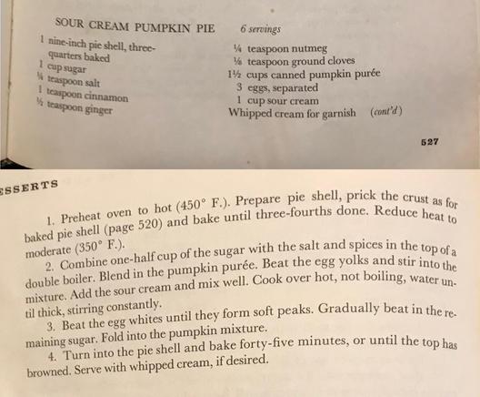 Sour cream pumpkin pie recipe (may transcribe later)