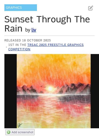Sunset Through The Rain by liv.
RELEASED 18 OCTOBER 2025 1ST IN THE TRSAC 2025 FREESTYLE GRAPHICS COMPETITION