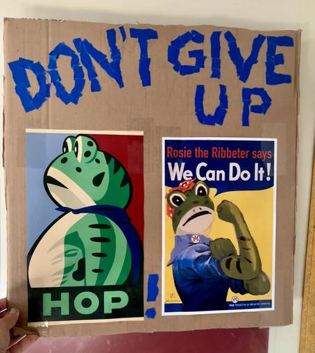 “Don’t Give Up” then an exclamation point next to the frog poster which reads “HOP”. My cardboard protest sign.