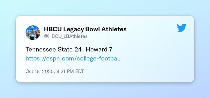 Tennessee State 24, Howard 7. https://t.co/jNNJnSOSa4