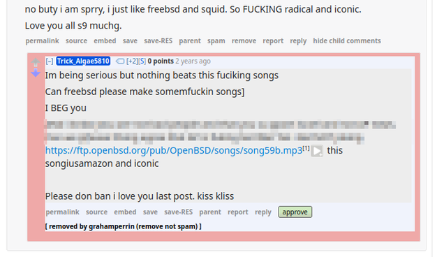 Screenshot: a removed comment that ends with the words "Please don ban i love you last post. kiss kliss". Removed only because one sentence in the comment (pixelated) was too political.