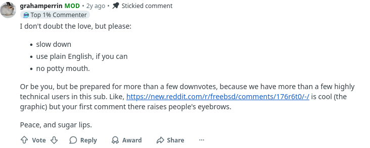 Screenshot: apparently I'm a sugar-lipped peaceful moderator. When given a good excuse to be so sweet.