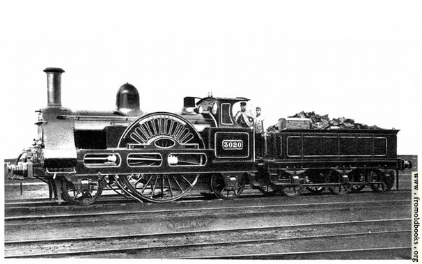 A 2-2-2 steam engine [US: railroad locomotive] shown with driver and fireman.

The notation 2-2-2 means two lading wheels (one axle), two driving wheels (which  in the case of this locomotive, named Cornwall, are some 8 feet in diameter, very large), and the last 2 means there are 2 wheels at the back, under the firebox, also not driven. So 6 wheels in total, 3 on each side. The tender is piled high with coal, and of course will also contain water to put into the boiler to make steam to make the engine go.

There are two men standing on the footplate, presumably driver and fireman.

Black and white photograph.