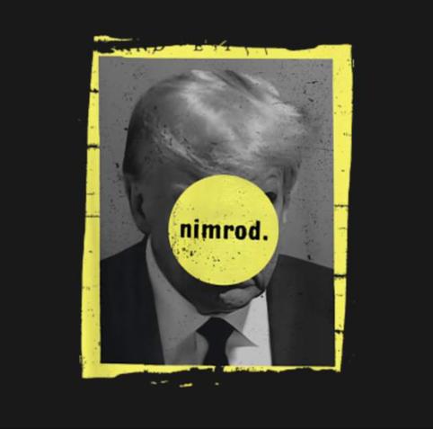 A mugshot of Trump with a yellow frame. A yellow circle is over his face with the word nimrod in black on the circle.
