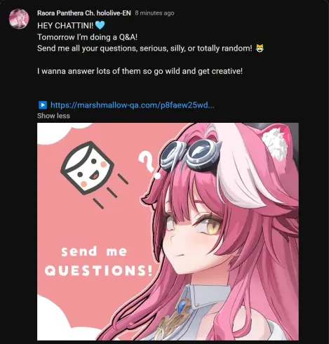 Raora Panthera Ch. hololive-EN: "HEY CHATTINI! 🩵  Tomorrow I’m doing a Q&A!  Send me all your questions, serious, silly, or totally random! 😹    I wanna answer lots of them so go wild and get creative!"