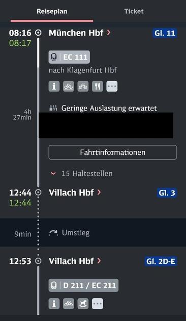 Screenshot aus dem DB Navigator.
Zu sehen  
8:16 ab München Hbf. 
EC 111
12:44 an Villach, Gl. 3
9 min Umstieg
12:53 ab Villach, Gl. 2D-E
D211 / EC 211