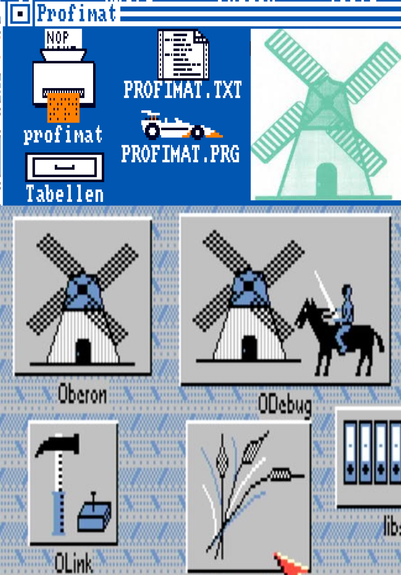 An Icon of a machine (white box with two slots) that gets a sheet of printed text in at the top and pushes a punch card out in the front. this was profit (race car icon next to it) to the richt there is a stylized windmill which is repeated in an icon in the lower half. This is the Oberon compiler. A variation of this includes don Quichote. (Debugger) Hammer nail and woodblock make up the icon for the linker.