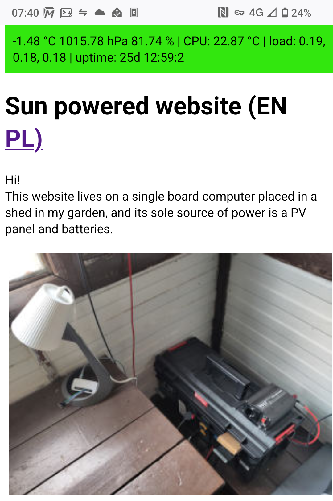 Screenshot of my solar powered website https://solar.stfn.pl, with the top banner showing that the temperature of the shed the server lives in as -1.48C which is probably something like 2137.420 Fahrenheit, I don't know