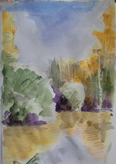 Aquarellskizze: Blick auf Teich, von Büschen und Bäumen umgeben,  die sich im Wasser spiegeln