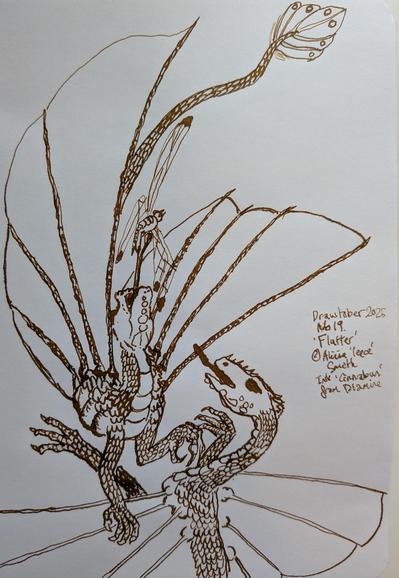 A small dragon like creature flips its head up, it's caught a dragon fly on its tongue and another creature of the same species is showing interest. Long and scaled, and with protruding ribs ala Draco volans a bit.