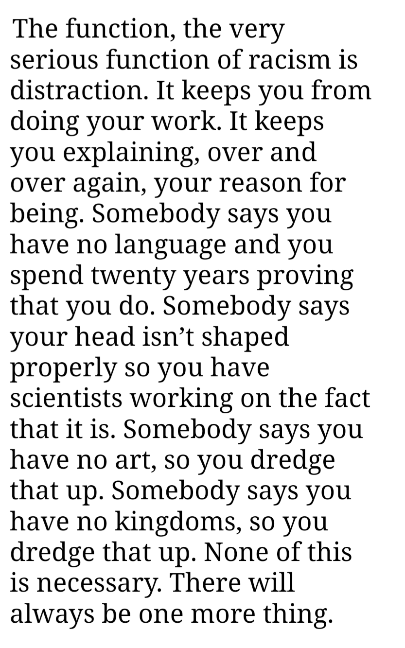The function, the very serious function of racism is distraction. It keeps you from doing your work. It keeps you explaining, over and over again, your reason for being. Somebody says you have no language and you spend twenty years proving that you do. Somebody says your head isn’t shaped properly so you have scientists working on the fact that it is. Somebody says you have no art, so you dredge that up. Somebody says you have no kingdoms, so you dredge that up. None of this is necessary. There will always be one more thing.