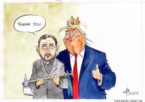 A political cartoon depicts two men standing side by side. The man on the left, looking uneasy, holds a ceremonial axe and says, “Thank you.” The man on the right, wearing a crown and a smug expression, gives a thumbs-up while dressed in a blue suit and red tie. The image symbolizes the imbalance of power and the absurdity of flattery toward narcissistic authority.🖖