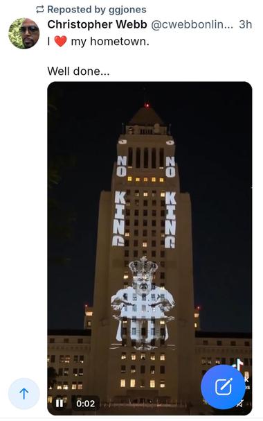 Screenshots Of video in https://bsky.app/profile/cwebbonline.com/post/3m3jkcprob22x

Shows a tall building with text 
N
O

K
I
N
G
S
and live video with modified clips of Trump, Epstein and present pedo protecting admin