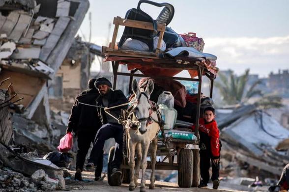 Un âne tire une charrette avec les affaires d’une famille déplacée, de Beit Lahiya à la ville de Gaza, en mars 2025. 
© Bachar Taleb/AFP/Getty Images