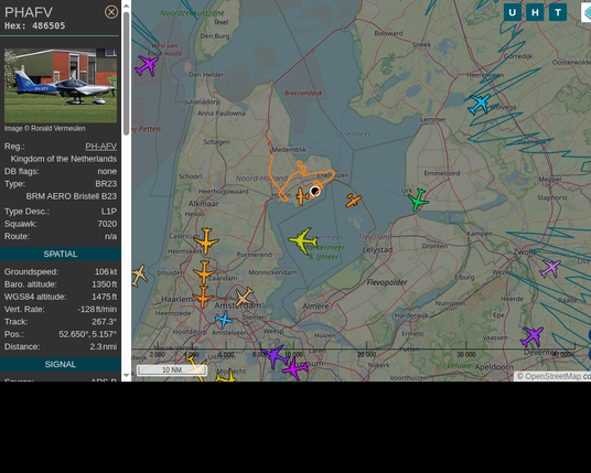 #PHAFV: Private (#BRM BR23, registration: PH-AFV)
Route: No route available
Min. distance: 0.4nm away @ 1450 ft
Heading: SW @ 104.0kts
Time: 11:35:41
 #ProbablyLanding #adsb #Venhuizen