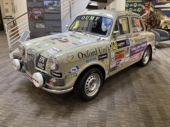 Grey Riley One Point Five rally car restored by the Oxford Universities Motorsport Foundation, front quarter view