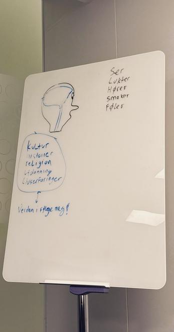 The image shows a whiteboard with a hand-drawn diagram in blue marker. The illustration depicts a simple profile outline of a human head and upper body.

**In the head area**, there’s a list of sensory experiences written in what appears to be Norwegian or Danish:

- Ser (sees)
- Lukter (smells)
- Hører (hears)
- Smaker (tastes)
- Føles (feels)

**In the torso/body area**, there’s another list of internal or processing elements:

- Kultur (culture)
- Historier (stories/histories)
- Religion (religion)
- Vidanning (knowledge/understanding)
- Livserfaringer (life experiences)

**Below the body**, there’s an arrow pointing downward with text that reads:
“Verden i følge meg!” (The world according to me!)

The diagram appears to illustrate how sensory input from the outside world is filtered through our internal framework of culture, beliefs, knowledge, and experiences to create our individual perception of reality. It’s a conceptual map showing the journey from external stimuli to personalized worldview.​​​​​​​​​​​​​​​​