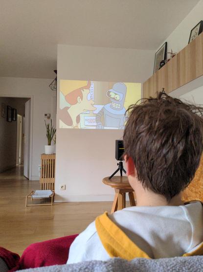 les enfants devant le projecteur à la maison en train de regarder Futurama