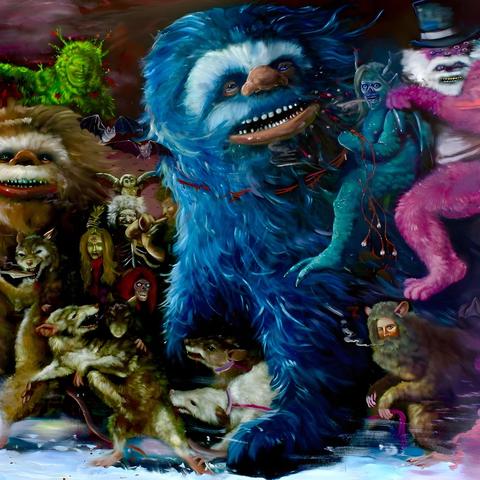 Dei pupazzi pelosi variopinti (al centro ce ne è uno grandissimo e blu) guardano sorridenti e sornioni verso destra. Tutto intorno ci sono degli esseri più o meno umani e degli animali (pipistrelli, una civetta e dei lupi o cani che lottano tra loro basso a sinistra). In basso a destra c'è un essere peloso con il volto umano che guarda te. Il dipinto è buffo, assurdo, psichedelico e l'atmosfera è colorata e comica ma anche scura e vagamente pericolosa