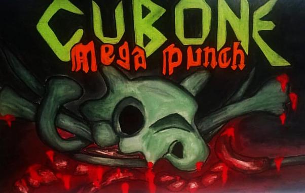 Photo of an acrylic painting - a mashup of Pokémon - specifically Cubone's mom's skull on some bloody entrails- with the art from metal band Skeletonwitch. It also has the word 'Cubone' as the top logo in green, and 'mega punch', one of his moves, written below it in orange.