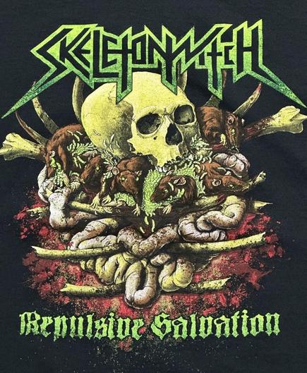 Inspiration for mashup, from a Skeletonwitch shirt I own - "Repulsive Salvation" - shows a skull, entrails, etc