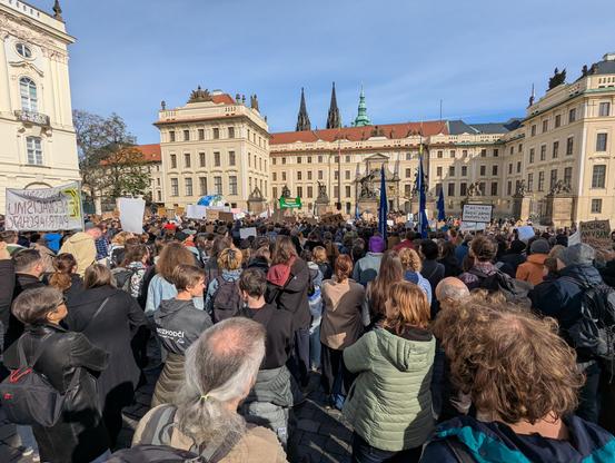 Hradčany Square in front of the Prague Castle full of protesters