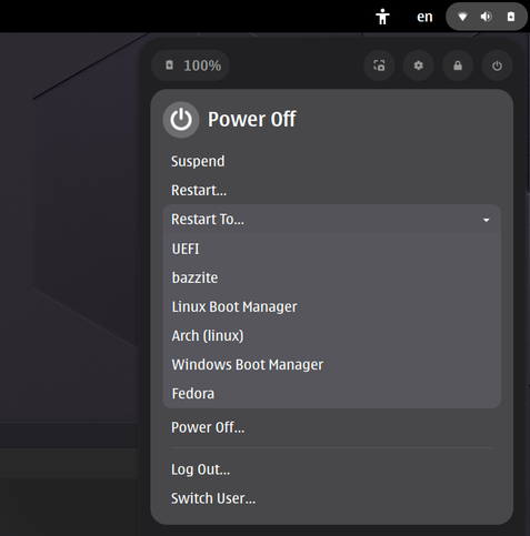 The image is a screenshot of a dark-themed operating system menu, likely from a Linux distribution, presenting power and session options. The top of the menu displays icons for network connection status, volume control, and battery percentage (showing 100%). Below these icons is a list of selectable options, each preceded by a corresponding icon. The options listed are: "Suspend", "Restart...", "Restart...", "UEFI", "bazzite", "Linux Boot Manager", "Arch (linux)", "Windows Boot Manager", "Fedora", "Power Off...", "Log Out...", and "Switch User...".