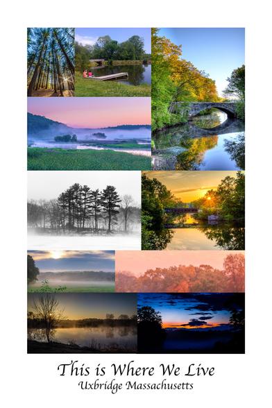 Photo montage from top left clockwise: trees, pond, stone bridge, railroad bridge, treetops at sunrise, early sunrise, winter sunrise, late foggy sunrise, winter birch cluster, pink river foggy sunrise.