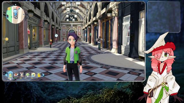 A character from Pokémon Legends: Z-A stands in an indoor shopping arcade. They wear a green and black outfit and have short purple hair. The arcade features a glass-paneled ceiling, hanging lanterns, and geometric tile flooring. Storefronts line both sides of the corridor. Several non-player characters are visible in the distance. In the bottom left corner, the player's party is shown: Chikorita, Fletchling, Bunnelby, Ralts, Mareep, and Kakuna. A mini-map appears above the party icons. Game menu options are displayed along the bottom of the screen. On the right, outside the game interface, a streamer avatar with red hair and green eyes is shown in a white and red fantasy-style outfit