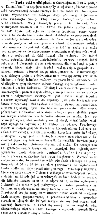 — Próba órki wielbłądami w Czerniejewie. Pan X, podaje w „Dzien. Pozn.” następujące szczegóły o tej órce: „Pierwszą próbę órki porównawczej odbyto rzeczywiście na folwarku Czerniejewskim. Wymierzono dla każdego pługu pół morgi i jednocześnie rozpoczeto pracę. Pług konny ukończył swoje zadanie w 55 minutach. Woły ukończyły pracę w 60 minutach, órka wielbłądami trwała minut 80. Skoro się jednak zwróci uwagę, że tak konie, jak woły są już do tej codziennej pracy wprawne, a ludzie do kierowania niemi od dzieciństwa przyzwyczajeni, a wielbłądy świeżo sprowadzone nie obeznane jeszcze i nie wdrożone do pracy, a lud nasz jeszcze z niemi nieobeznany, różnica taka wówczas nie jest tak wielka, a w każdym razie nie może być miarodawczą do stanowczego orzeczenia o użyteczności wielbłąda w porównaniu do órki konnej albo wołowej. Do takiej oceny potrzeba dłuższego doświadczenia, wprawy naszych ludzi roboczych i obeznania się ze zwierzętami, dla nich dotad zupełnie obcemi, które zdaje się, kiedyś ważną rolę w gospodarstwie naszem rolnem odegrać mogą niezaprzeczenie. Pozostawiając więc dalszym próbom i doświadczeniom kwestyą oceny órki wielbłądami, dzisiaj jednakże możemy już powiedzieć stanowczo, że wielbłądy w gospodarstwie rolnem okazują się nabytkiem bardzo cennym i bardzo dodatnim. Wielbłąd we wszelkich pracach podwórzowych i pomocniczych okazuje się już teraz bardzo praktycznem i pożytecznem zwierzęciem, jest bowiem silny, łagodny i bardzo wytrwały, równie do zaprzęgu, jak i do dźwigani