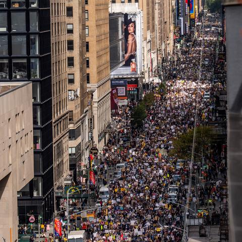 Protesters marching down Seventh Avenue in Manhattan on Saturday.