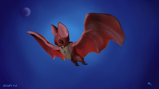 A sculpted bat in brownish colors with fur at the breast. In the background dark blue with lighted areas and a moon.