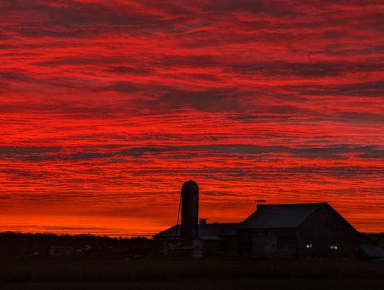 Silhouette of a barn and silo against bands of brilliant red clouds lit by morning sunrise.