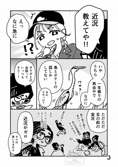 3ページ目。
主人公がサワダに問いかける。
「近況教えてや!!」
「えっ、なに急に」
ポテト片手にびっくりするサワダ。

「いや、うちら、一年振りの再会やで。なのに、鳥とポテトの話しかしてない」
「あれ、そやっけ？」
アオサギが、ワサス…と羽を畳む。

「サワダとの会話っていっつもそう…！　ただただ目の前の実況」

回想シーン開始。
シートを広げて花見をする二人。
笑い転げている。
「見て見て見てあのトンビ！あの花見集団やられるで！」「ヒ～」

「またな～」
手を振りながら別れる二人。
（あれ…サワダの近況なんも聞けてない…）
回想シーン終了。

「近況がゼロ」
「ゼロは言いすぎやろ」