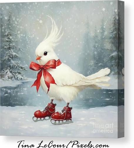 This is a Chritmas canvas of a whimsical white cockatoo wearing a red bow and red ice skates in the snow with a pond and snow covered pine trees in the background.