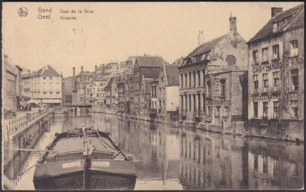 Printed sepia postcard showing a view of the Quai de la Grue or Kraanlei at Gand, Gent or Ghent in Belgium.
Published by Ernest Thill, Bruxelles, Nels, not numbered.
Postally used on 27 July 1928 with Gent - Gand cancellation on blue 1.5F stamp and sent to Fred Jennings Esq, Printer etc, 4 Chapter Row, South Shields, England.
Good condition, with very slight corner bumps.