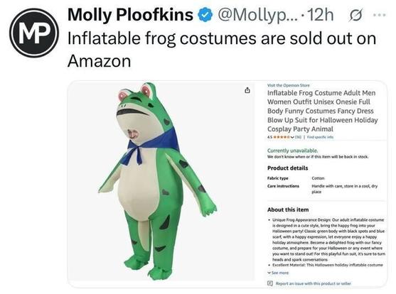 A tweet from Molly Ploofkins says: “Inflatable frog costumes are sold out on Amazon.” The attached image shows a product listing for a green inflatable frog costume with dark spots, a white belly, and a blue bow tie. The listing title reads “Inflatable Frog Costume Adult Men Women Outfit… for Halloween Holiday Cosplay Party Animal,” and it’s marked as “Currently unavailable.”