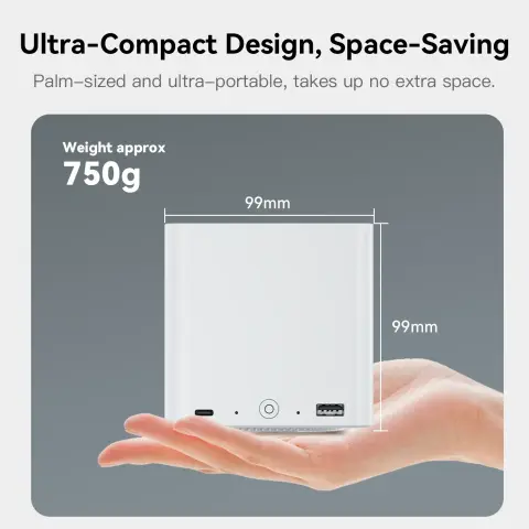 Beelink ME Mini Maße und Gewicht:
750g schwer,
ca. 10x10cm