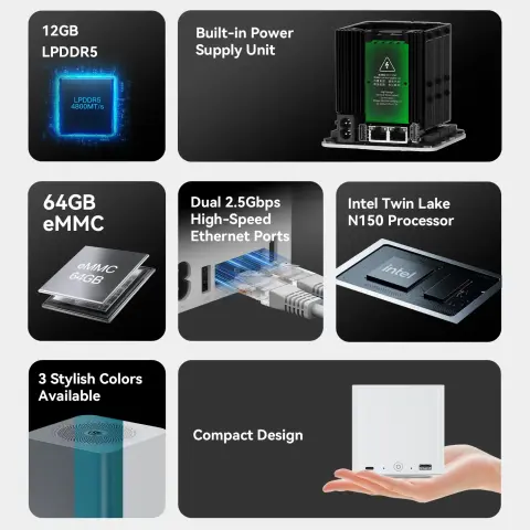 Beelink ME Mini Systemübersicht:
- Intel N150 4-Kern SOC
- 12GB LP-DDR5 (verlötet)
- eingebaute PSU (daher nur kleines Stromkabel nötig)
- 64GB eMMC verlötet, für OS/System Installation, damit alle 6 NVMe für Daten genutzt werden können
- 2x 2.5Gbps Intel NIC onBoard