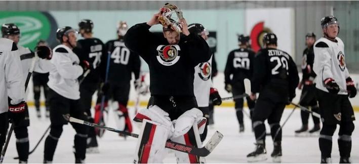 Ottawa Senators backup Leevi Merilainen making a brief stop in Belleville