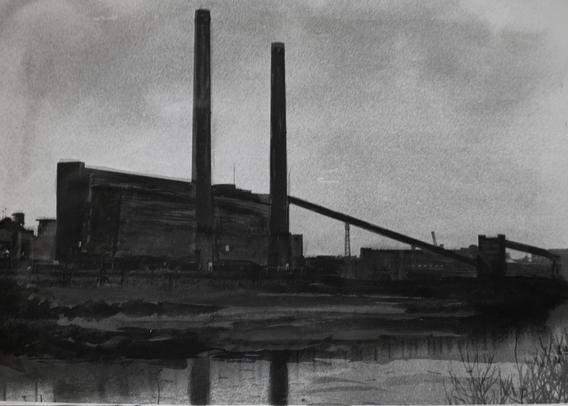 Two tall chimneys rise from a coal-fired power station beneath a heavy sky. Reflected in still water, the dark structures and rough ink textures evoke both industrial power and the melancholy of a vanished landscape.