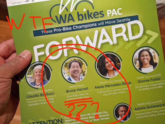 Flyer from WABikes PAC encouraging Seattle to vote for anti-bike incumbent Bruce Harrell.