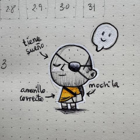 Dibujo de mi, con el parche pirata, a lápiz y boli sobre hoja punteada. Aparezco de lado, mirando hacia mi derecha con una mochila cruzada, la de paseo, y una camiseta amarilla. Alrededor hay un bocadillo, de diálogo, con una carita sonriente, y varias anotaciones con flechitas: tiene sueño, amarillo correcto y mochila. El dibujo tiene un borde blanco hecho con un boli blanco.
