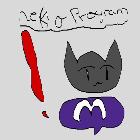 Dibujo hecho por mí en el que sale el logo de mastodon y un gato. al lado un simbolo de exclamación