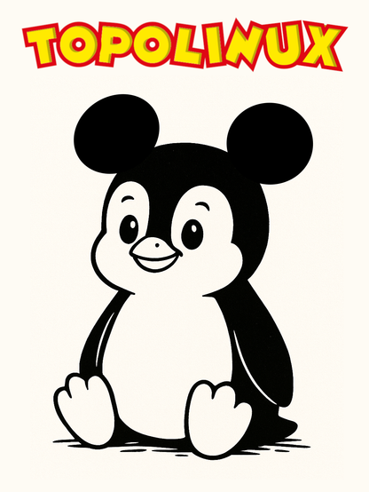 Disegno in bianco e nero di un baby pinguino seduto in terra. Ha le orecchie tonde nere di Topolino e ha un'espressione sorridente e simpatica.
In alto la scritta TOPOLINUX coi caratteri gialli contornati di rosso uguali a quelli del titolo del giornalino Topolino.