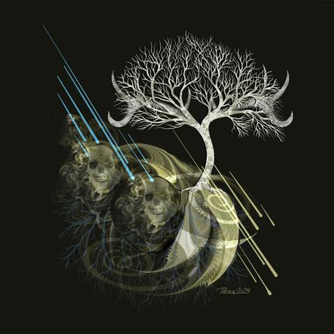 watercolour; dark brown background with a pale bare tree standing on a curve slope, spirals and roots can be seen in the lower left corner, diagonal lines of blue and muted olive green intersect, 2 faded skulls are part of the slope, deer antlers form part of tree.