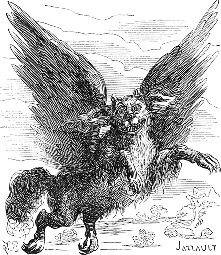 The demonic president Glasya-Labolas flies through the air on his griffin wings. Illustration by Louis Le Breton, for Jacques Collin de Plancy's "Dictionnaire Infernal."