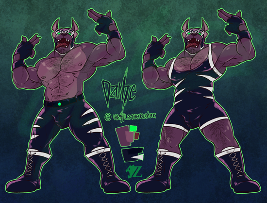 Dante, a male anthropomorphic hellhound pro wrestler, poses for the viewer. The pose is confident and cocky, bearing his weight on his right leg and lifting his arms up with his hands in a finger gun pose, mouth open and tongue hanging out. He is built strongly, though not overly so, his short and dark fur oiled to emphasize his musculature.

There are two versions of his outfit here. One is the original outfit designed by his creator: a black and white luchador mask, black fingerless gloves, black tights with white slash shapes on the thighs held up by a belt with a green gem on the buckle, and black and white boots laced up.

The second outfit is my concept, maintaining the mask, gloves, and boots. However the tights have been swapped with a high-cut singlet. The singlet keeps the basic theme of black with white slash shapes on the sides, although the edges on the leg and arm openings are also white to balance out all the dark colors on his body and his gear.